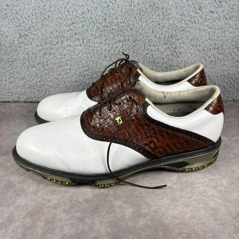 FootJoy Golf Shoes Mens 13 White Brown DryJoys Tour 53612 Croc Saddle Spiked